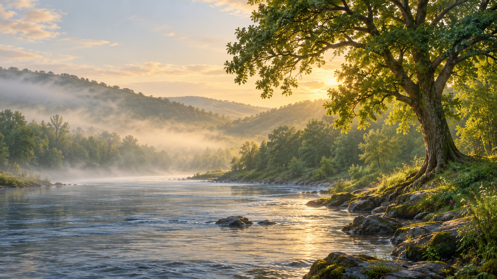 Landscape artwork of a flowing river beside a mature tree, with wooded hills in the morning light.